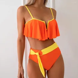 Women's Swimwear 2Pcs/Set Women Sexy Bikini Set V-neck Sling Ruffle Hem Bra High Waist Ribbon Swim Briefs Patchwork Color Split Design