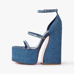 New 2024 Sheepskin Sandals Leather Gladiator Chunky High Heels Pumps Women Denim Summer Buckle Platform Peep-toe Open Toes Round Toe Diamond Narrow cf4