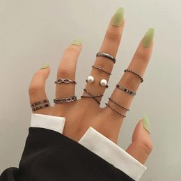 Cluster Rings VKME Vintage Gun Black Pearl Ring For Women 10Pcs/set Fashion Simple Silver Colour Plate Chain Cross Set Jewellery Gifts