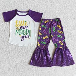 Clothing Sets Wholesale Baby Girl Mardi Gras Holiday Fashion Kids Purple Letter Clothes Set Toddler Outfit Children Spring Sequins Bells