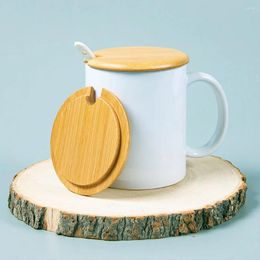 Mugs Wood Lid Custom Logo Personalised White Ceramic Coffee Sublimation Mug With Spoon