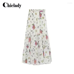 Skirts Chiclady Women White Floral Pattern Printed High Wasit Maxi Casual Prairie Chic Long Skirt Faldas Para Mujeres Vintage