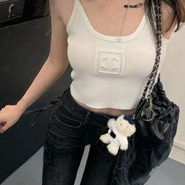 Women shinny rhinestone logo relief pattern designer spaghetti strap candy Colour knitted vest crop top tanks