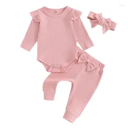 Clothing Sets Infant Baby Girl Autumn Clothes Solid Color Ribbed Long Sleeve Romper Bow Pants Headband Born Toddler Outfit