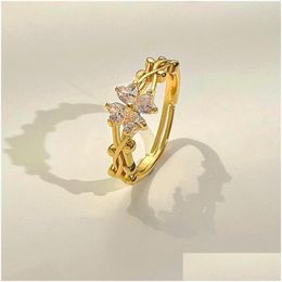 Band Rings Fashion Jewelry Retro Micro-Inset Zircon Four-Leaf Clover Ring For Women Adjustable Flower Index Finger Drop Deli Dhgarden Dhvx8