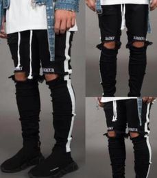New Mens Jean Pantalones Street Black Holes Designer White Stripes Jeans Hiphop Skateboard Pencil Pants9022043