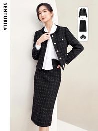 Work Dresses Sentubila Tweed Plaid Set Women Outfits 2024 Autumn Elegant Office Ladies Jacket Midi Skirt Female Chic 2 Piece Sets 133Z50779