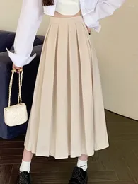 Skirts Midi Pleated Skirt Women Vintage Korean Fashion Solid Back Elastic High Waist A-line Preppy Style Girl Elegant Casual Summer