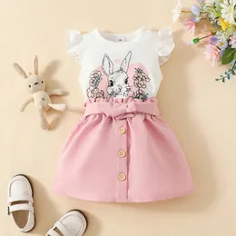 Clothing Sets Summer Children Baby Girl 2 Pcs Wreath Print Sleeves T-shirts Belted Button Skirt Infant Outfit Lovely