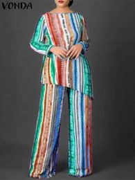VONDA Bohemian Women Vintage Pant Sets Autumn Long Sleeve Tops and Pants 2pcs Kaftan Printed Casual Loose Suits Oversized 240514