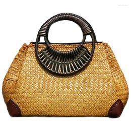 Shoulder Bags Women Straw Female Bamboo Summer Beach Weave Handbag Lady Handmade Vintage Wood Handle Bag Travel Knitted Totes