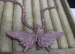 14K Iced Out Butterfly Pendant Necklace Mens Pink Chain Pendants Diamond Butterfly Necklace Rapper Singer Jewelry6928658