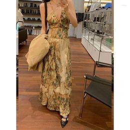 Casual Dresses Women Summer V-Neck Sleeveless Open Back Lace Up Waist Retraction Pleated Print Mid Length Strap Dress Lady Clothing