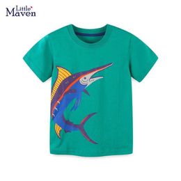 T-shirts Little maven 2024 Boys Tops Tees Shirts Animal Fish Print Little Boys Shorts Sleeve T Shirt 2 to 7years Kids Clothes Y240521