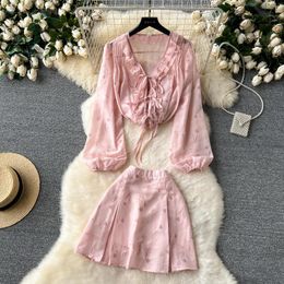 Women's Tracksuits Women Sweet Two Pieces Sets Sexy Chiffon Long Sleeve Lace-up Shirt With Summer High Waist Wide Leg Shorts