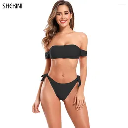 Women's Swimwear SHEKINI Off-Shoulder Bathing Suits Tie Knot White Thong Bikini Cute Low Waist Two Piece Swimsuit Summer Beach