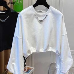 Women's Hoodies Solid Sweatshirts Women Spring Chain Draw String Designed All-match Simple Casual Korean Fashion O-neck Cosy