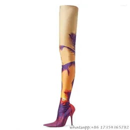 Boots Printing Stretch Sexy Plus Size Pointed Toe Stiletto Over The Knee Super High Heel Women Winter Thigh