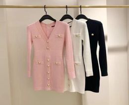 Casual Dresses Fall Collection High Quality Vneck Buttons Streetwear White Sheath Knitted Dress Pink Black Whole Dropship2173728