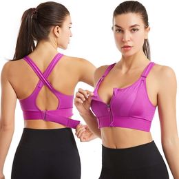 Adjustable Front Zipper Sports Bra Shock-Absorbing Steel Ring Free Vest, Yoga Cross Back Lingerie For Women Large Plus Size