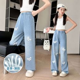 Girls 2024 New Summer Korean Straight Pants for Kids Bright Diamond Bow Wide Leg Jeans Thin Style Trendy Trousers