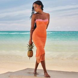 Beach Holiday Dress Bikini 2024 Women Cover Up Summer Midi Lace Strap Skirt Sexy Solid Spandex Long And Clothes Swim For