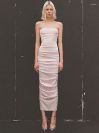 Casual Dresses BEVENCCEL In 2024 Summer Women Pink Folds Strapless Slim Sleeveless Stain Mid-Calf Dress Elegant Party Club