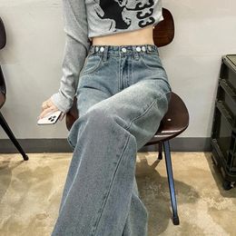 Women's Jeans Denim Design Adjustable Waist Button Wide Legged Loose Long Pants Light Blue Four Season Trousers Ladies