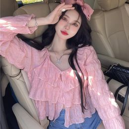 Camicia da solare Donne 2024 Summer Nuovo arrivato sciolto di colore solido Soludo sottile sottile a maniche lunghe Cardigan in stile coreano Sweet Fashion Blouse Female femmina