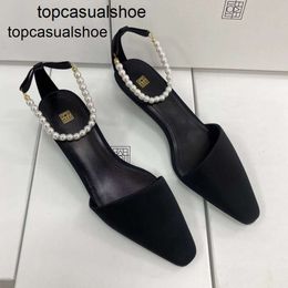 Toteme New 2023 Spring/Summer Fashion Shoes Silk Baotou Cat Heel Single Shoes One Line Pearl Belt Slim Heel Sandals for Women