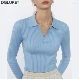 Women's Polos Ribbed Knitted Polo Shirts Women V-Neck Long Sleeve Crop Top Spring Autumn Casual T-Shirt Sweater Tops Blue White Black