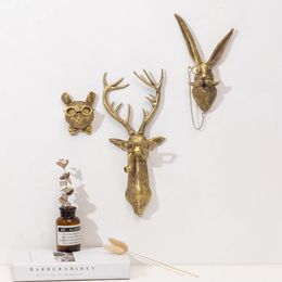 Antique Bronze Resin Animal Pendant Golden Deer Head Wall Storage Hook Up Background Accessories Decorative Figurines 240521