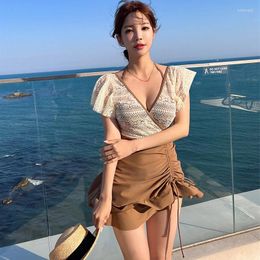 Women's Swimwear Design Korean One Piece Swimsuit Women Bathing Suit Half Sleeve Halter Bikini Set Student Girl Spring