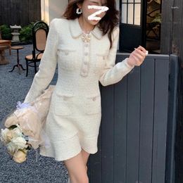 Casual Dresses Luxury Pearls Beading Clothing Women Korean Fashion Long Sleeve White Knit Sweater 2024 Vestidos Para Mujer Elegantes