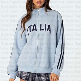 Women S Aesthetic Italian Autumn Winter Personalised Zipper Coat Embroidered Letter Pattern England Top