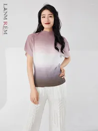 Women's T Shirts LANMREM Pleated Gradient T-shirt For Women Stand Collar Short Sleeves Casual Tops Versatile 2024 Summer Clothing 2Z1381