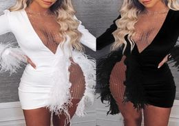 Sexy See Through Dresses Sequin Mesh Patchwork Women Deep V White Feather Mini Party Dress Ladies Nightclub Vestidos4395453