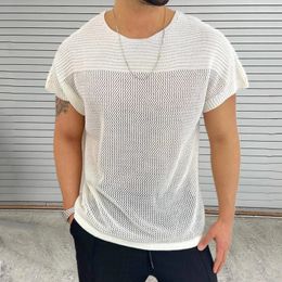 Leisure Hollow Out Breathable Knit Tops Men Summer Vintage O Neck Mens Knitted Tshirt Short Sleeve Solid Color Knitting T Shirt 240518