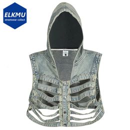 Skeleton Hooded Denim Vest Men Techwear Darkwear Blue Black Jeans Vests Streetwear Harajuku Hip Hop Vest Y2K Tops 240518