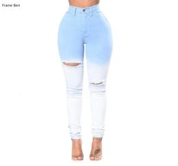 For Skinny Jeans Sexy Women Autumn High Waist Jeans Women039s 2019 Blue And White Gradient Hole Denim Pencil Pants5960321