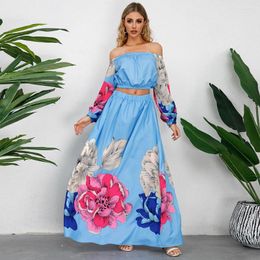 Work Dresses SURMIITRO Two Piece Set For Women Aesthetic Floral Print Long Sleeve Crop Tops A Line Maxi Skirts Female 2 Sets Outfit