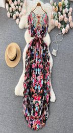 Summer Designer Runway Casual Dresses Batwing Sleeve Lace Up Belt Long Dress Women ONeck Vintage Floral Printed Bohemian Loose Ma7283030
