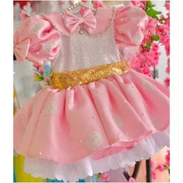 Flower Girl Dresses Pink Pearl Lace White Sequin Top With Gold Bow Belt Short Sleeve For Wedding Birthday First Communion Gowns 240518