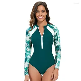 Women's Swimwear 2024 Long Sleeve Print One Piece Sport Swimsuit For Women Zipper Conservative Slim Monokini Bikini Peacock Green