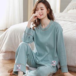 Women's Sleepwear M-5xl Womens Pajama Sets Autumn Spring Female Suits T-shirt Long Pants Solid Casual Home Wear Ladies Clothes H44