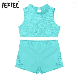 Clothing Sets Floral Lace Girls Clothes Set Ballet Dance Gym Workout Kids Outfit Summer Fashion Solid Sleeveless Tank Tops With Bottoms