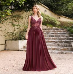 New Sexy Backless Prom Dresses 2024 Dark Navy Chiffon Bridesmaid Appliques A Line Sheer V Neck Long Party Evening Gowns CPS3038