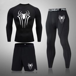 Super Spider Mens Printed Compression Set Long Sleeve Gym Top Fitness Pants Athletic Shorts Quick Drying Rash Guard 240520
