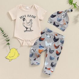 Clothing Sets 2024-04-19 Lioraitiin 0-12M Summer Baby Boys Outfit Hen Print Short Sleeve Romper With Pants And Hat Infant Clothes