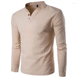 Men's Casual Shirts 2024 Spring Solid Colour All-match Slim Stand-up Collar Long-sleeved Linen Shirt